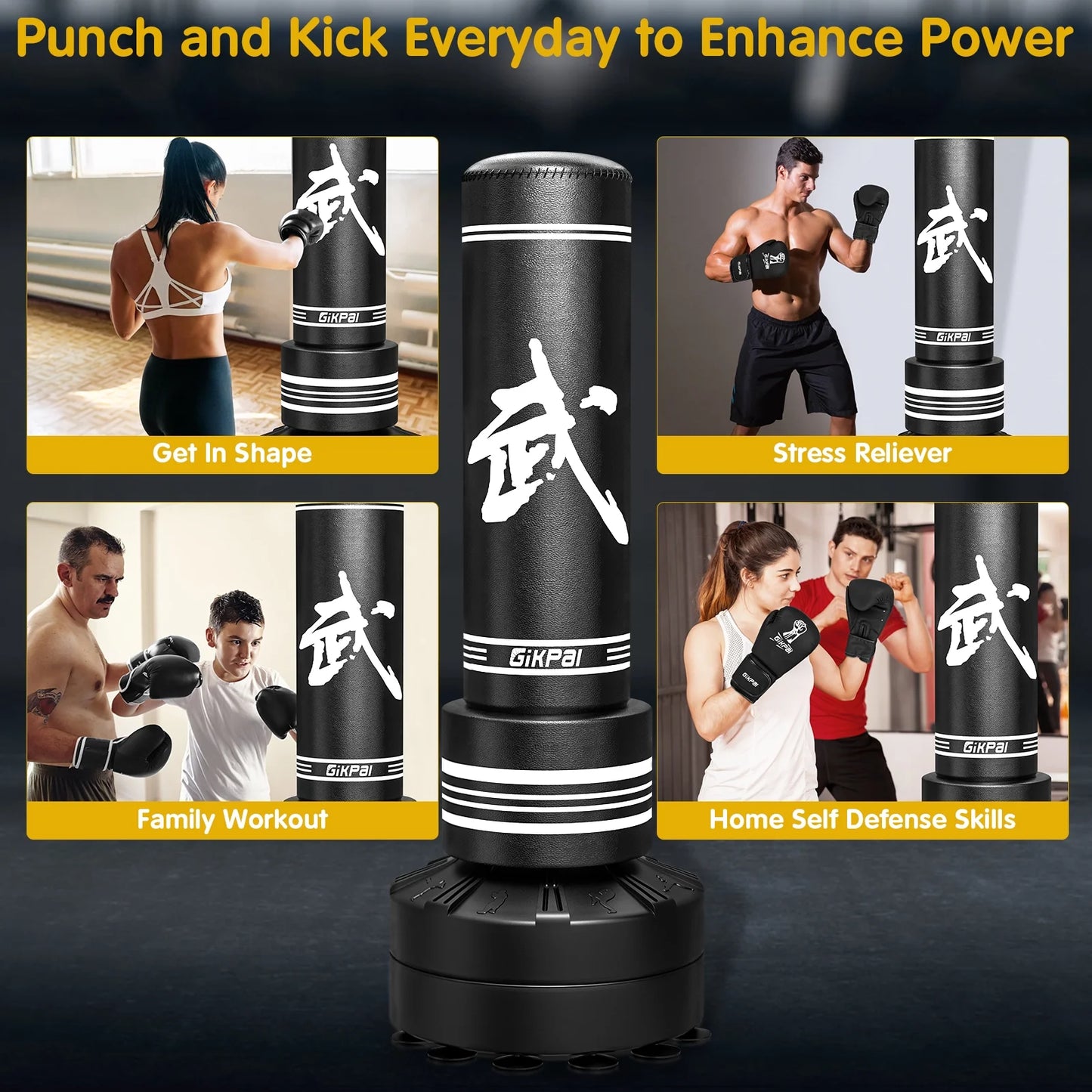 Freestanding Punching Bag 67''-180Lbs with Stand Kickboxing Bag with 2 Hand Warps for Adult Youth，Black