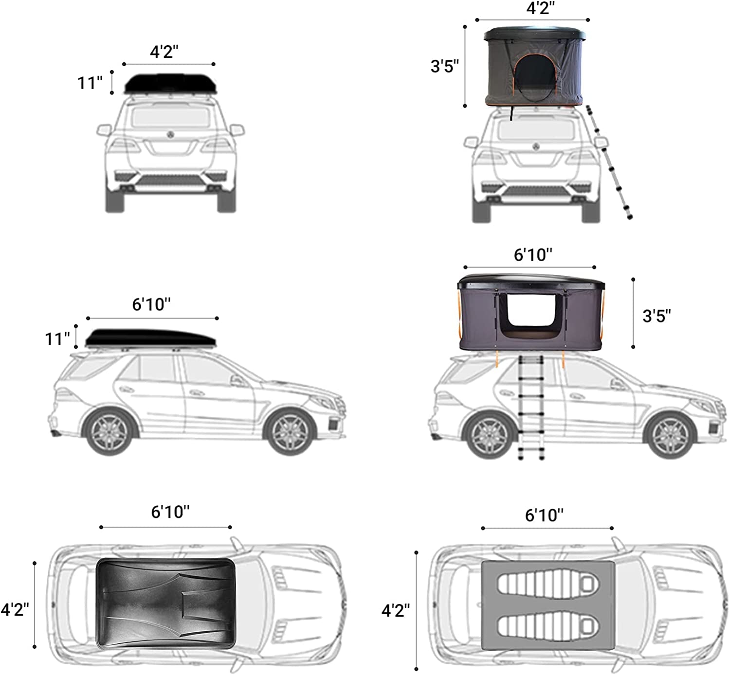 Rooftop Tent Hard Shell Tent for SUV Travel Pop-Up Installation Tent Large Space Suitable for 2 People with Ladder & Waterproof Hard Shell Tent Overland Roof Top Tent