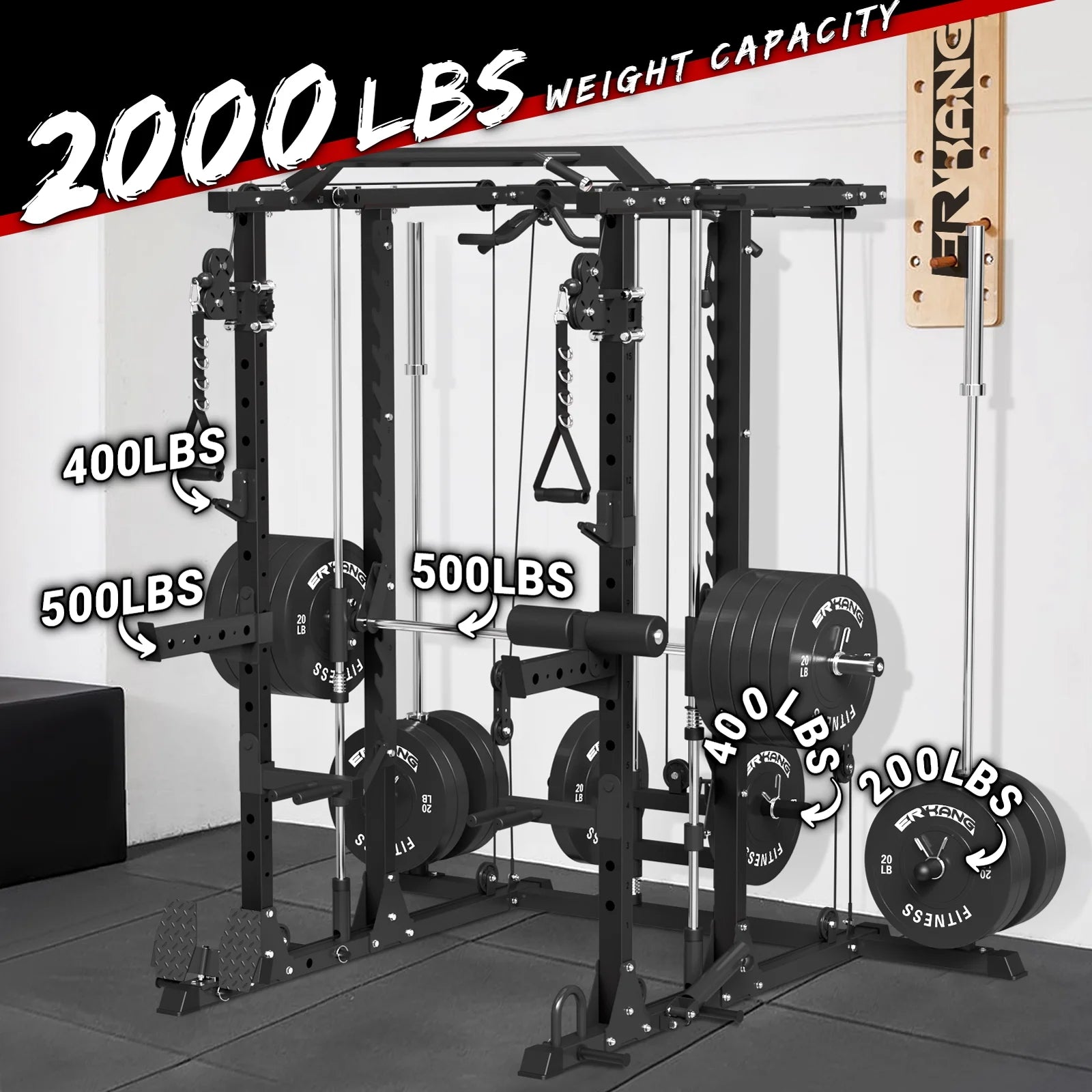 ER KANG Smith Machine Home Gym, 2000LBS Smith Rack with Cable Crossover and 800LBS Weight Bench, Home Gym Equipment